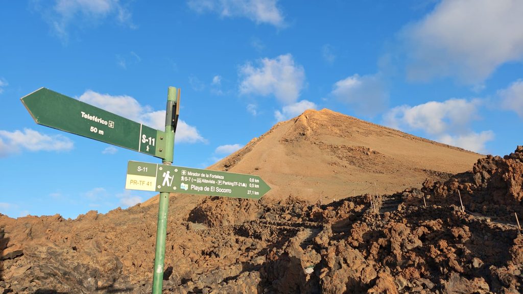 Trail signpost at La Rambleta with the summit cone of Teide behind it under a blue sky