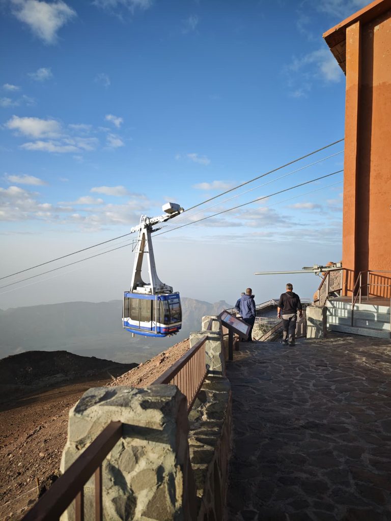 A Teleférico del Teide cable car arriving at the upper station at La Rambleta